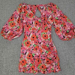 ASOS Design Red Mini Dress 6 Puff Sleeve Open Back Ruffle Hem Party